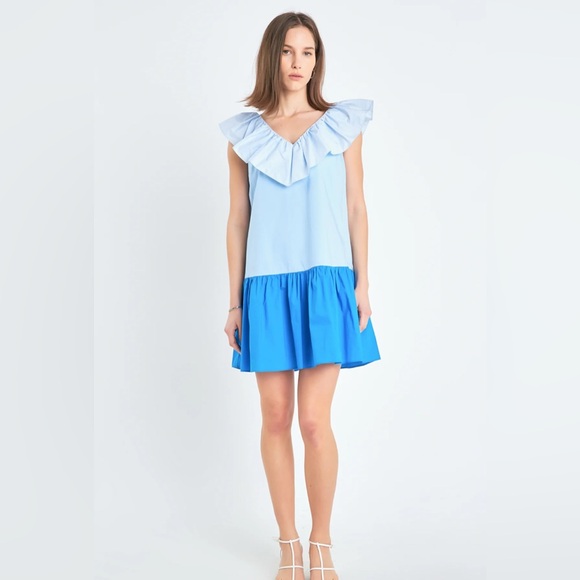 English Factory Women Blue Colorblock Ruffle Hem Sleeveless Mini Dress Size S - Picture 5 of 9